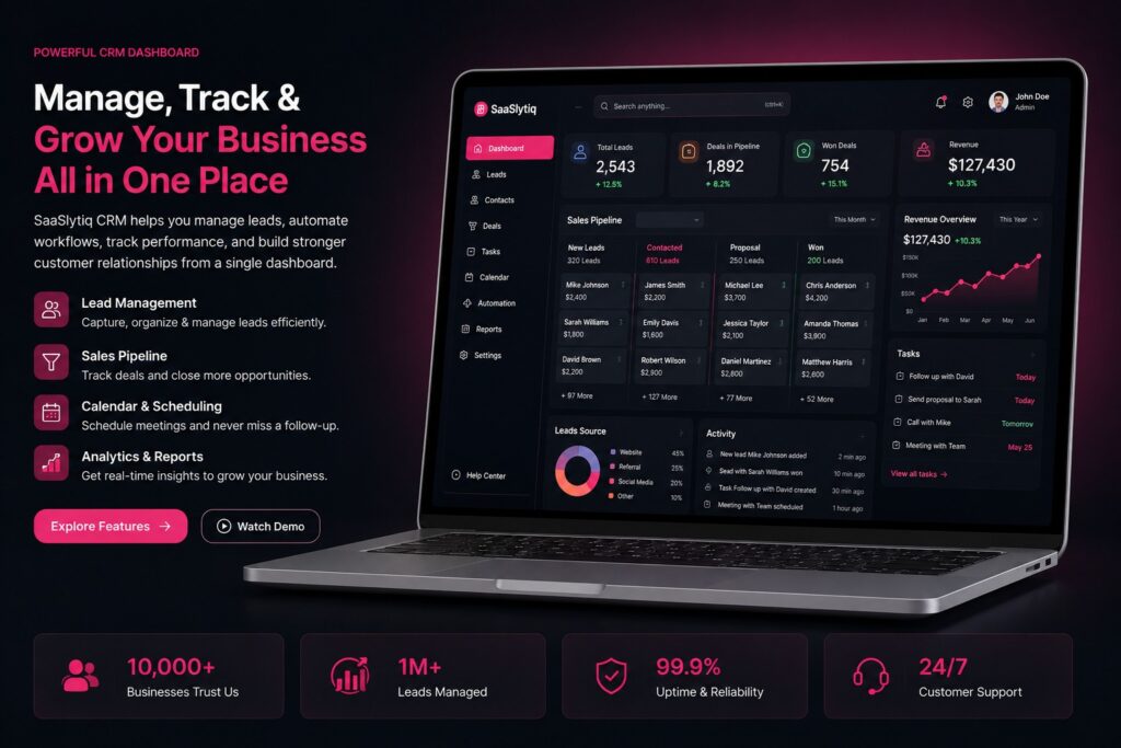 Modern CRM dashboard with lead management, sales pipeline, analytics, and workflow automation